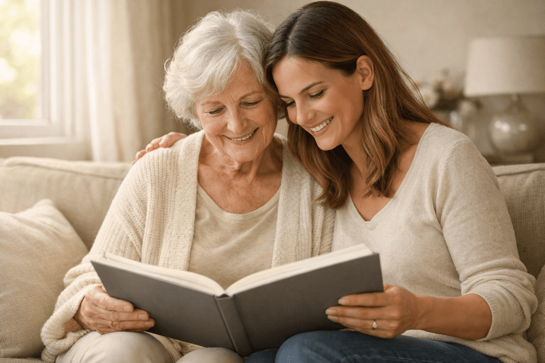 A grandmother and her daughter reading a finished Chapternity book together